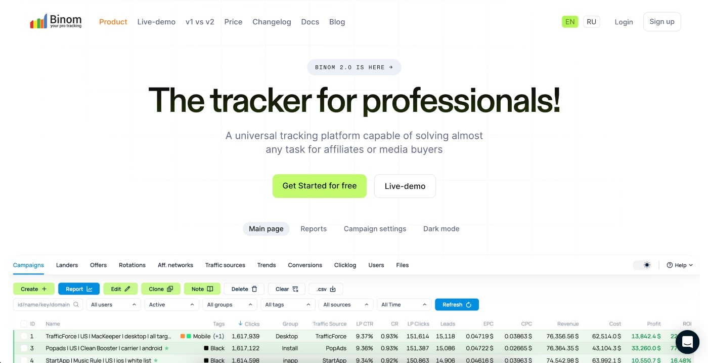 binom homepage screenshot