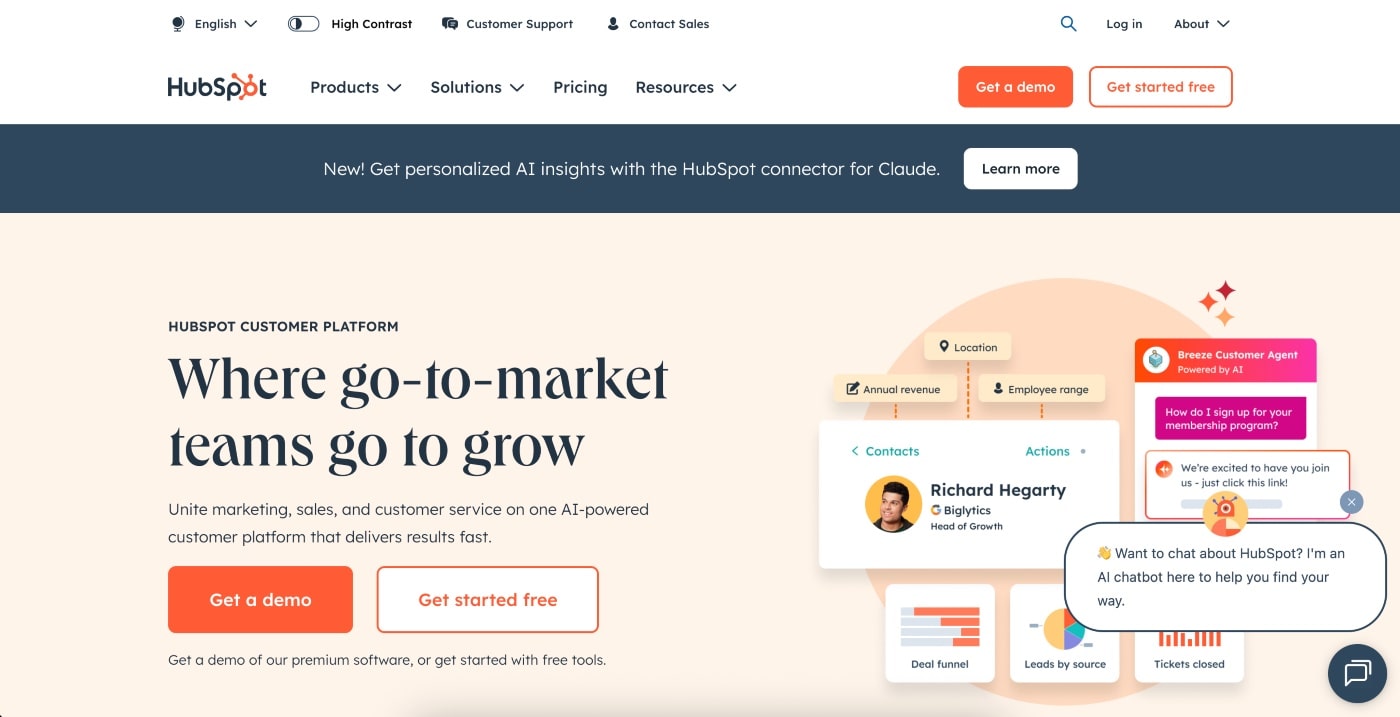 hubspot homepage screenshot