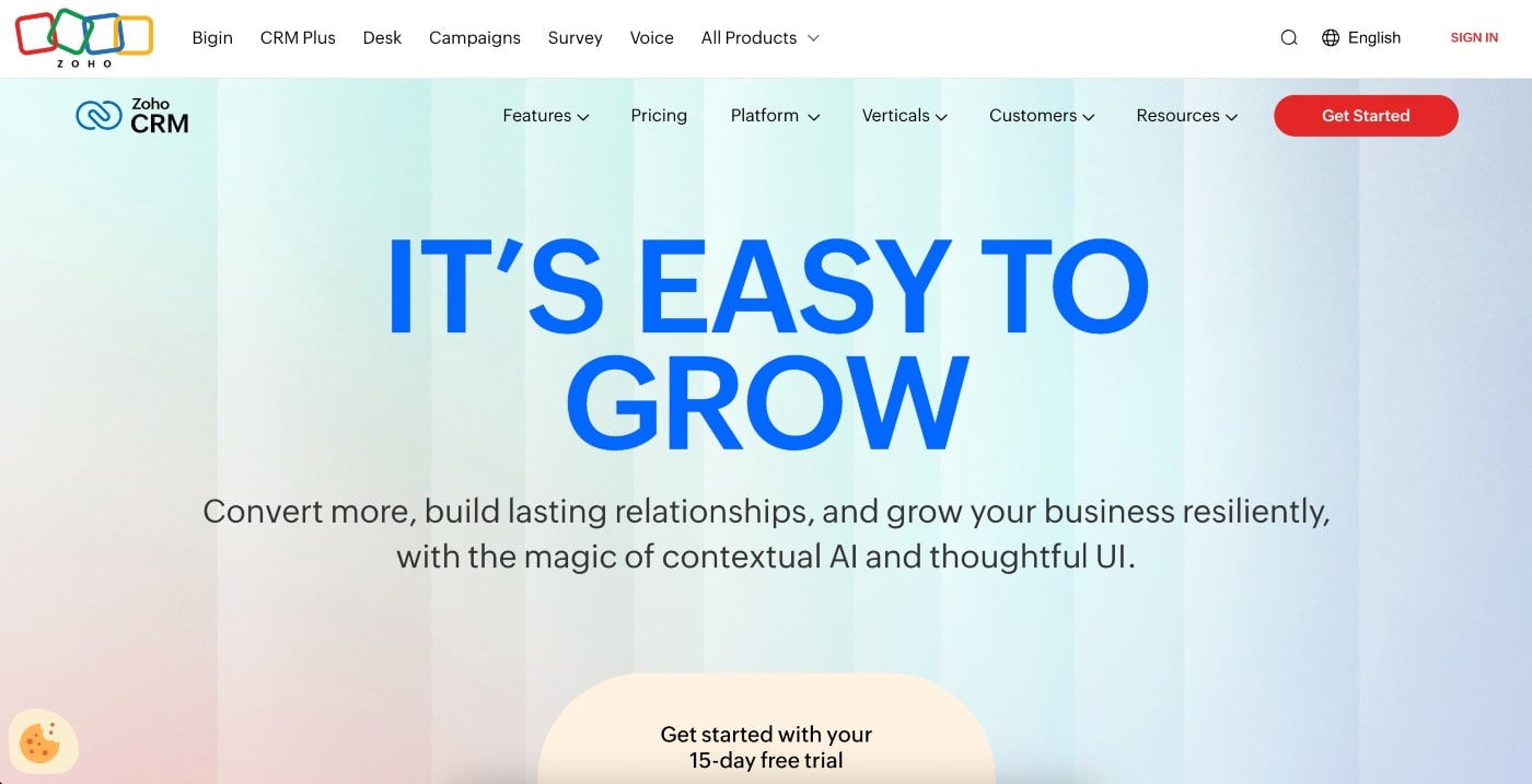 zoho crm homepage screenshot