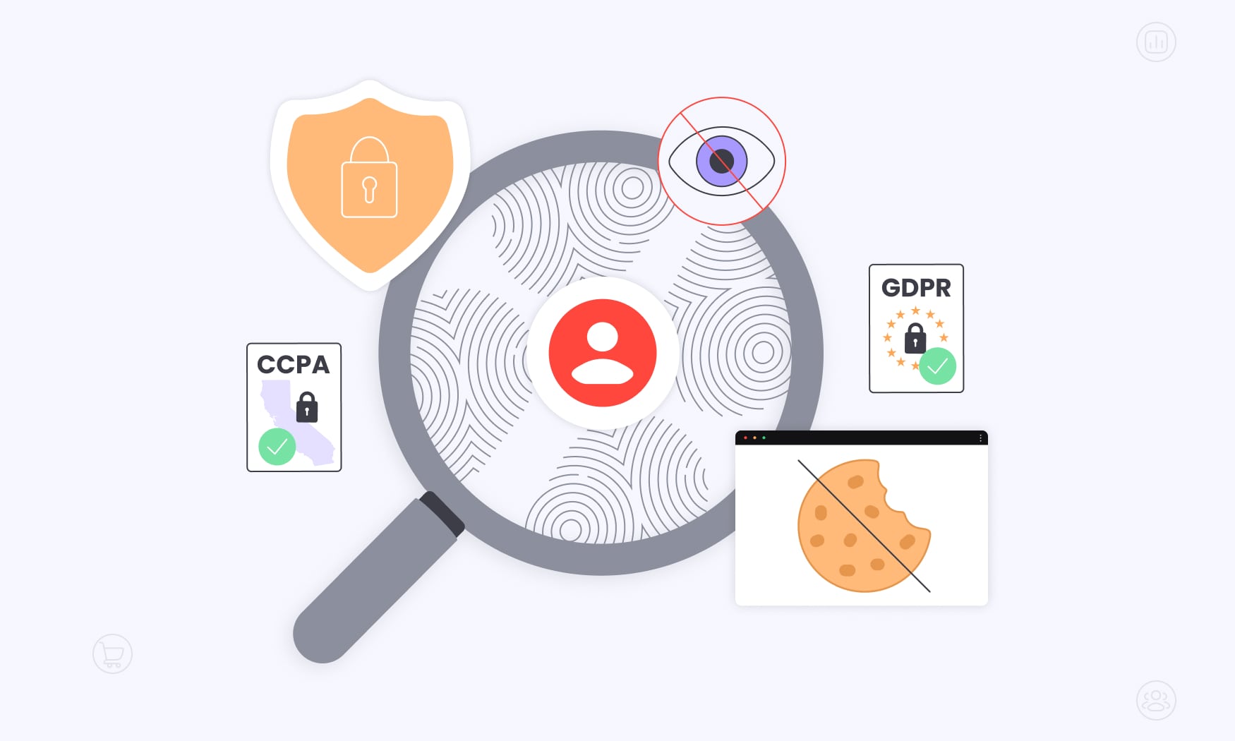 animated image of a search icon surrounded by GDPR and CCPA symbols, representing the future outlook of digital marketing’s shift toward privacy-first data