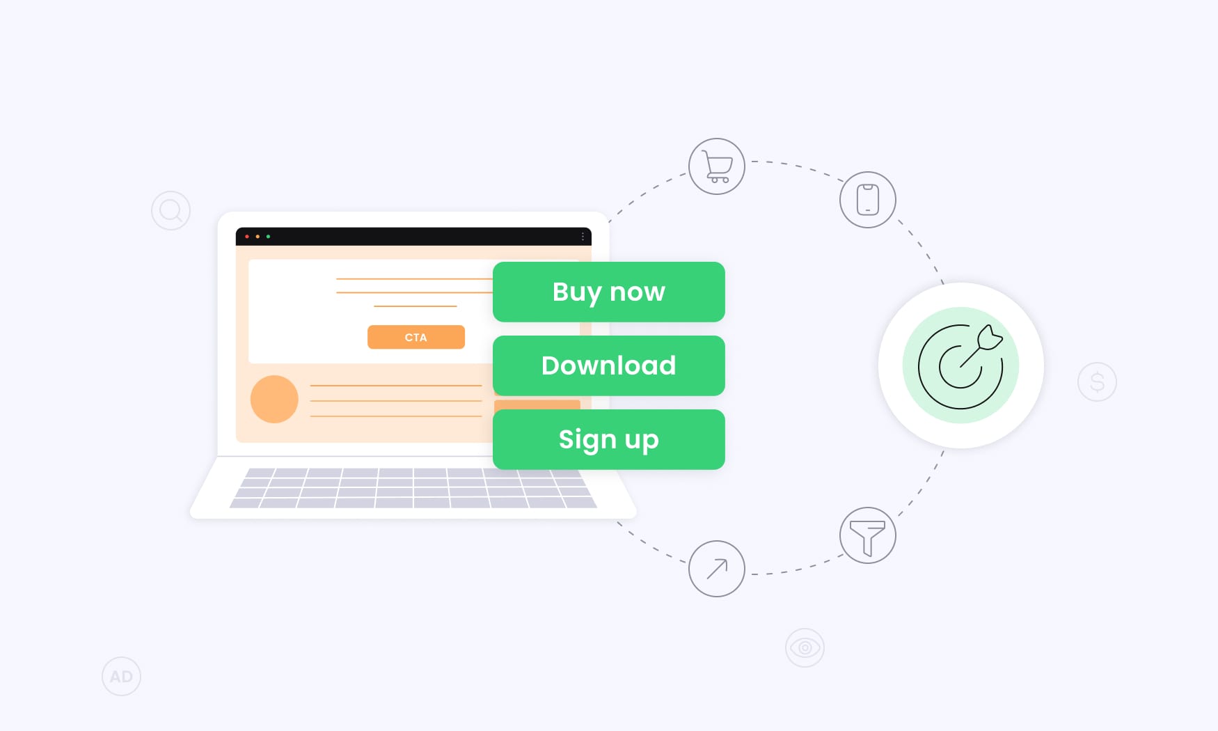 animated image showing CPA campaigns with CTA buttons like Buy Now, Download and Sign Up, highlighting clear conversion goals and strong ROI focus