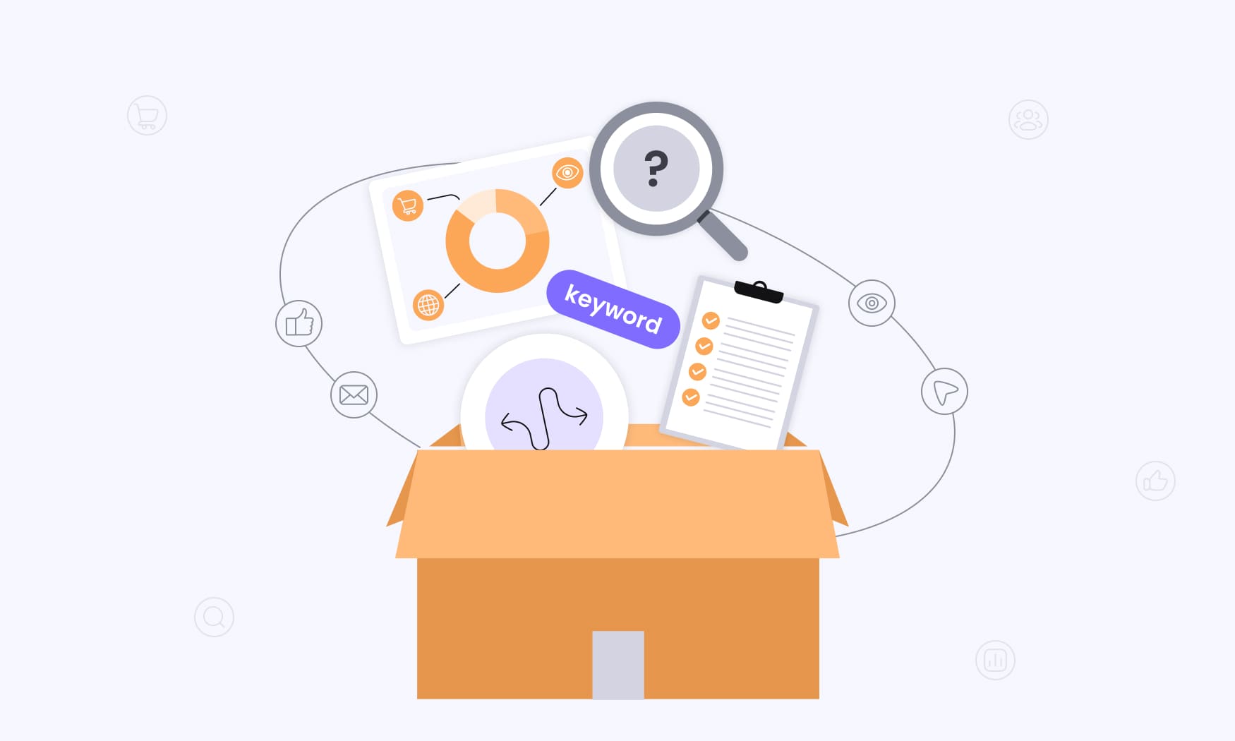animated image of a box featuring keywords and a search icon, symbolizing a comparison of collection methods for zero-party data versus first-party data