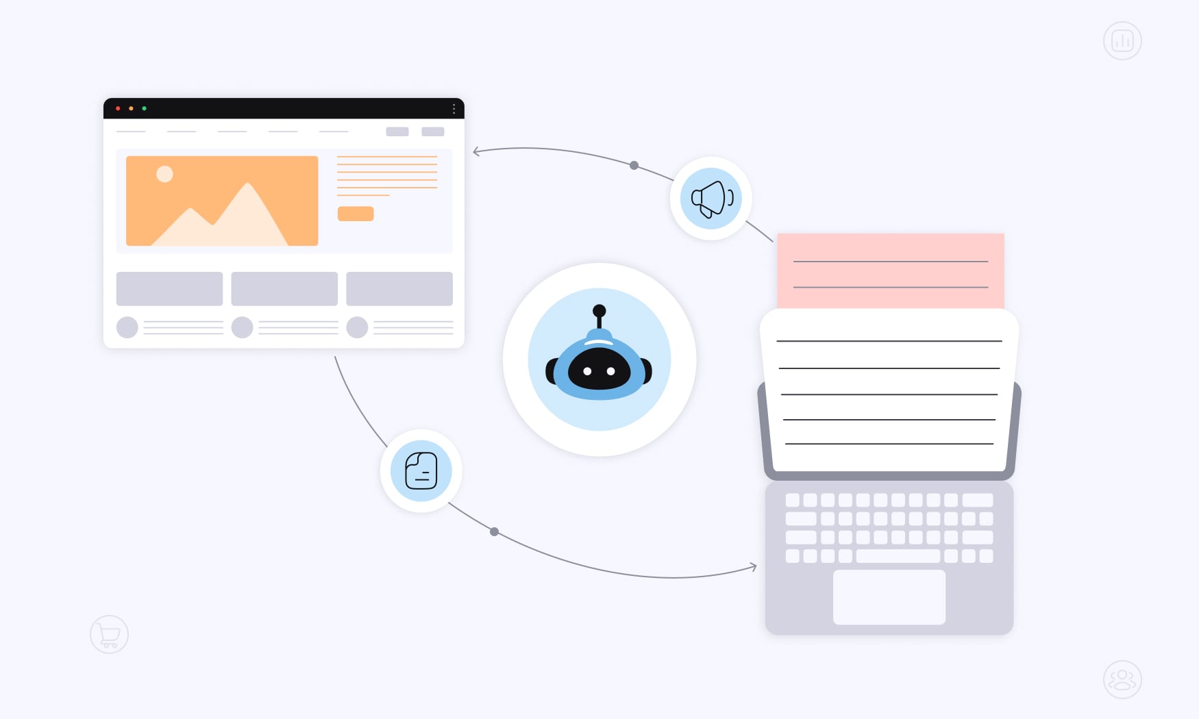 Illustration of AI assisting a marketer in writing Google Ads copy highlighting how Google’s AI scans landing pages 