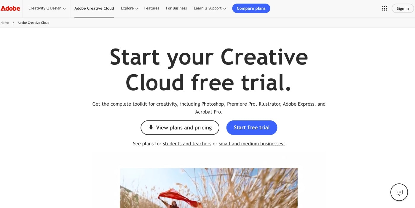 adobe creative cloud homepage screenshot