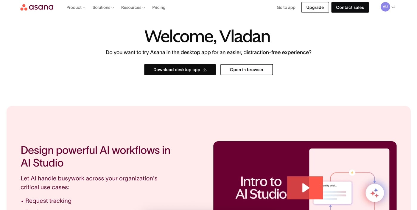 asana homepage screenshot