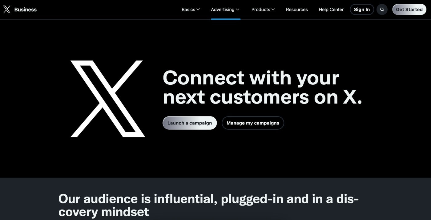 x ads homepage screenshot