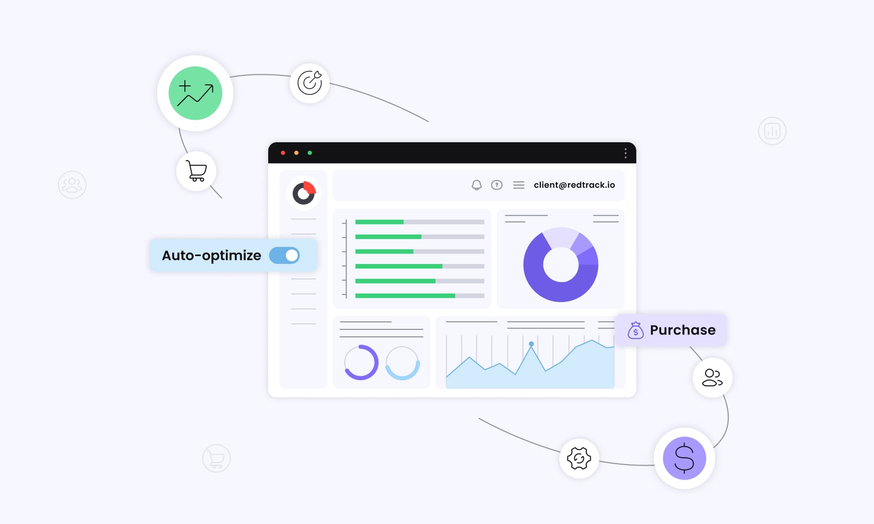 animated image showing marketers analyzing campaign data, tracking conversions and purchase history