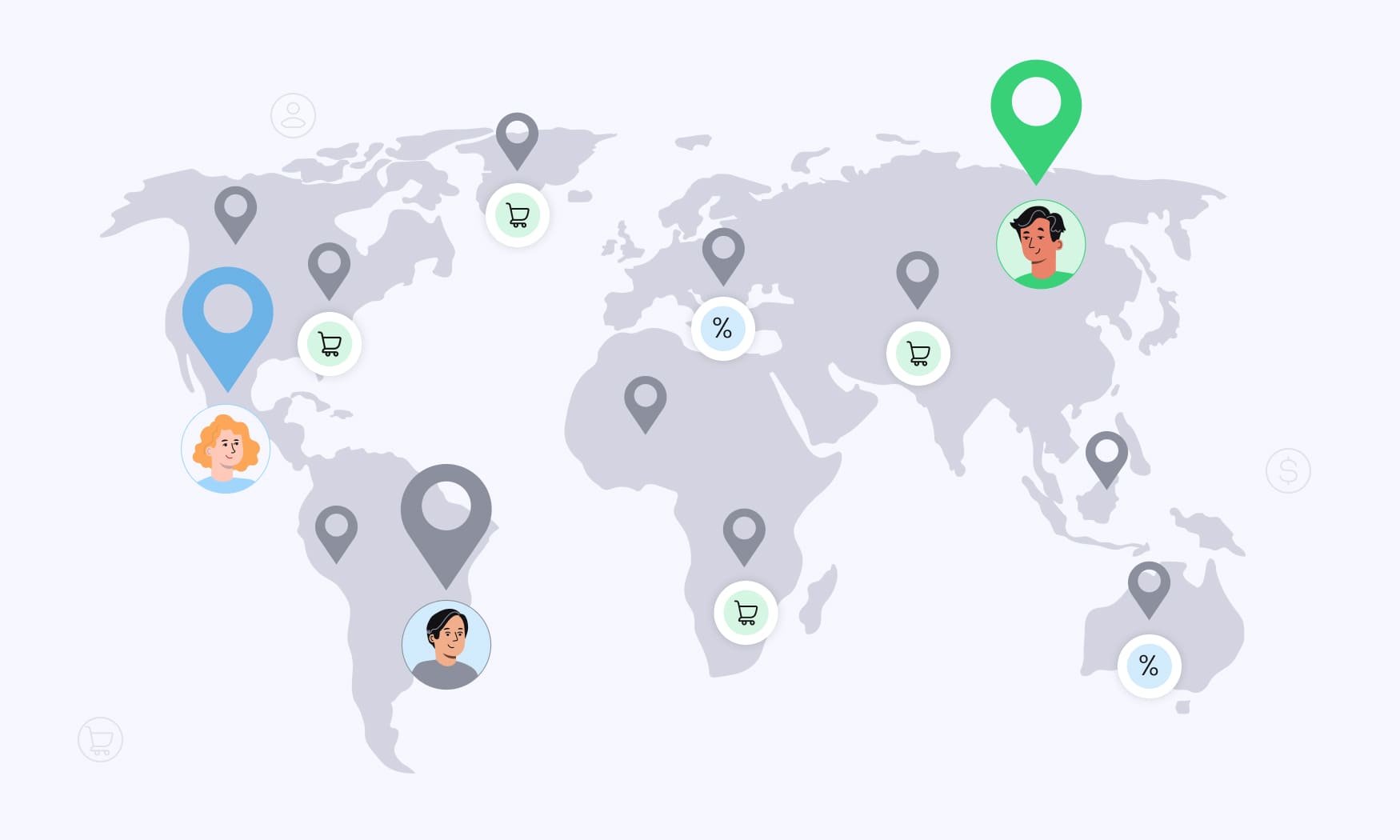 animated image of a world map with customer icons highlighting geographic and demographic market opportunities