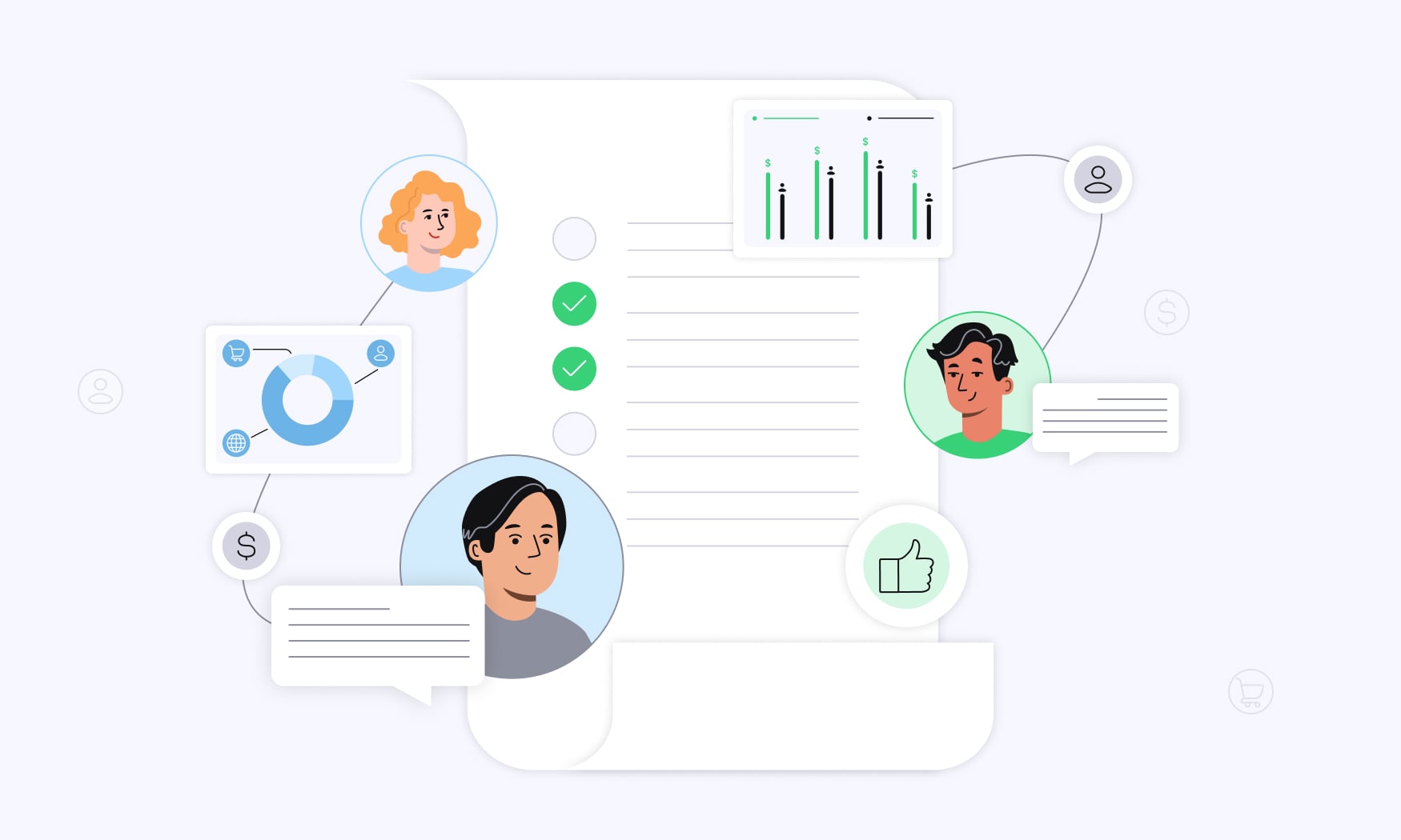 animated image of a business professionals analyzing customer surveys and feedback data
