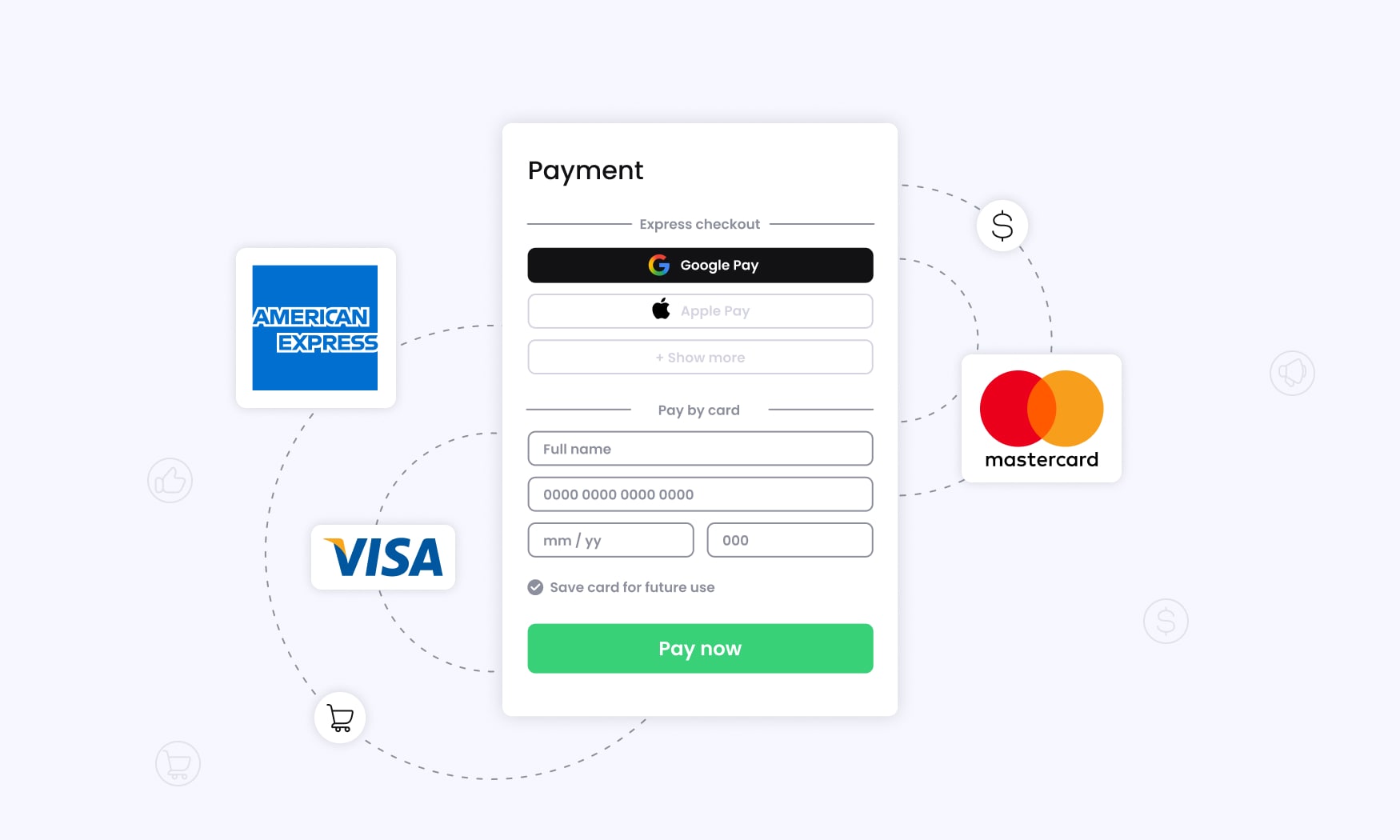 animated image of a digital checkout screen with flexible payment options like American Express, Visa and Mastercard