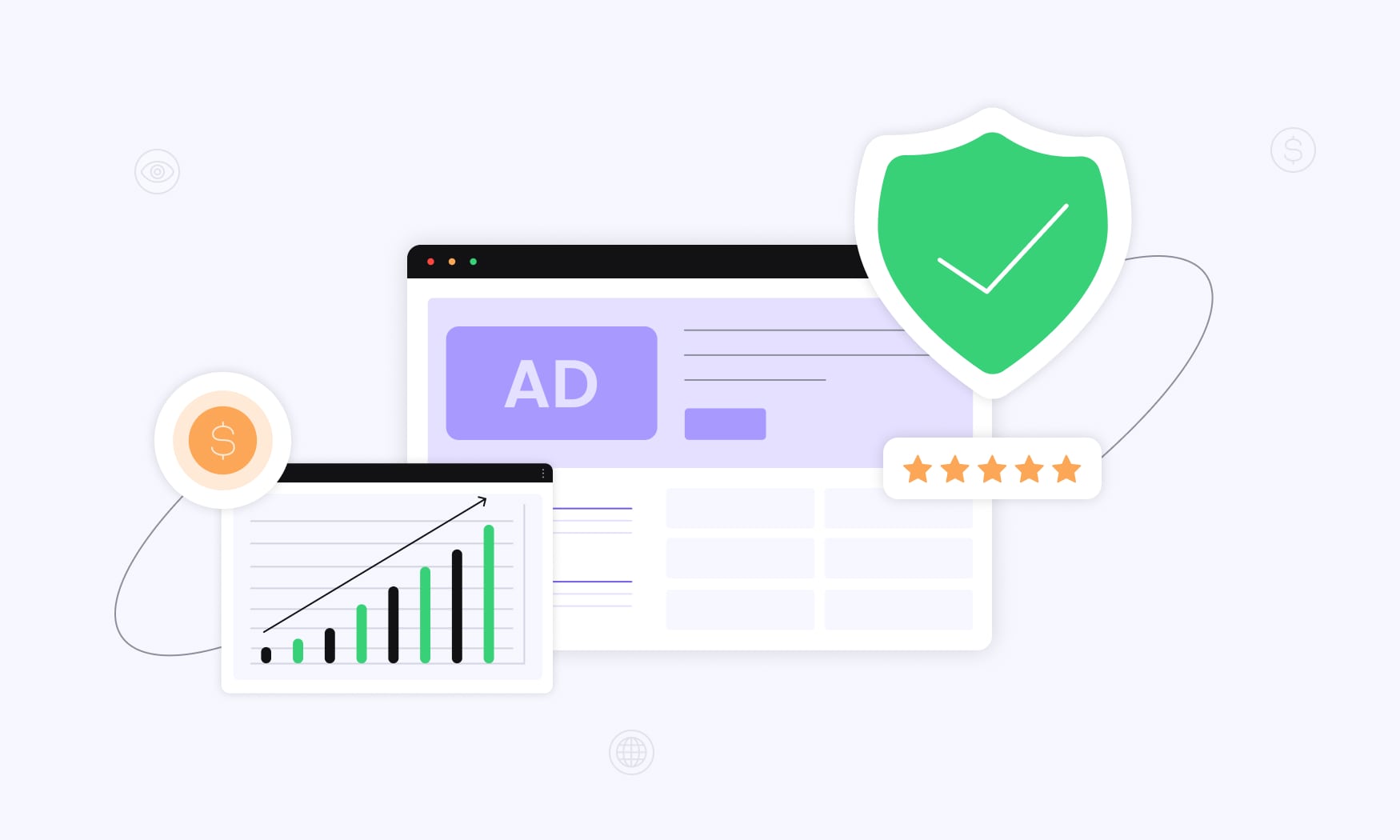 animated image showing an online ad with a star rating and a shield symbol representing protection against ad fraud and brand damage