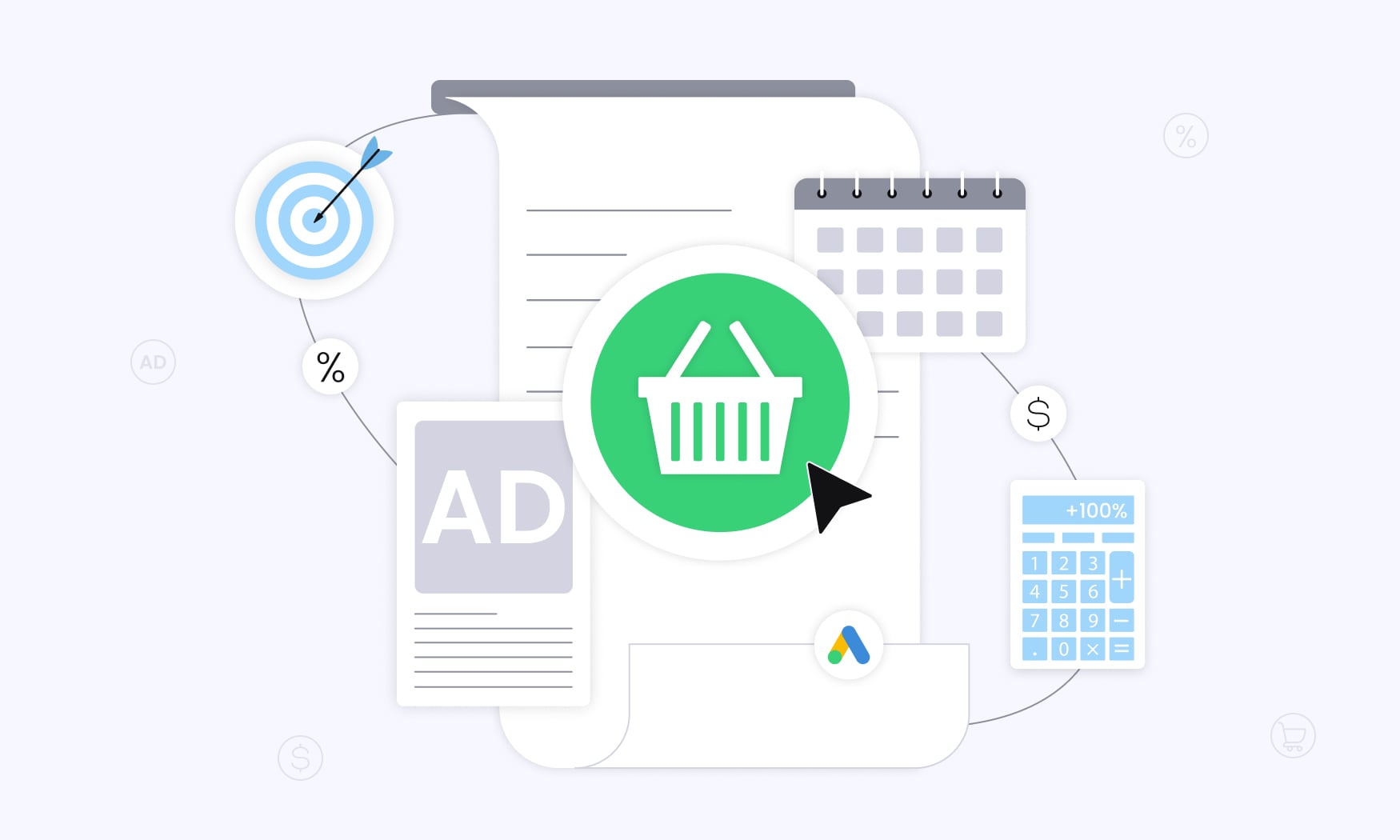 animated image illustrating a Black Friday budget and bidding strategy dashboard with visuals of ads, shopping carts, and targeting icons