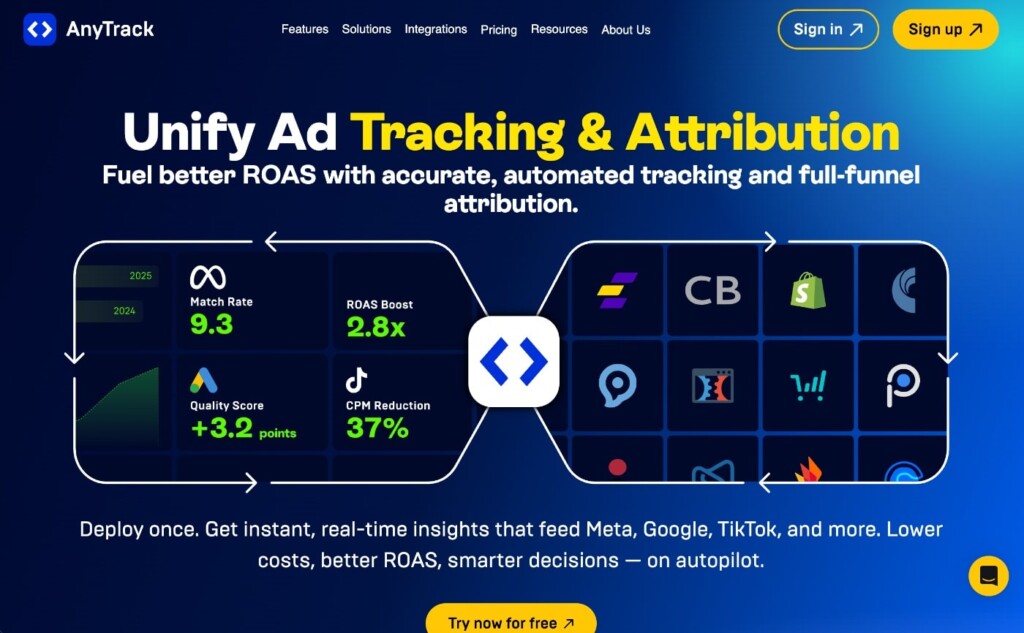 anytrack homepage screenshot