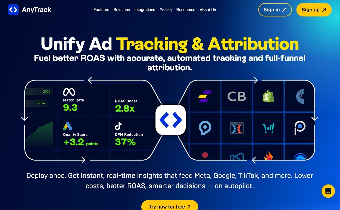 anytrack homepage screenshot