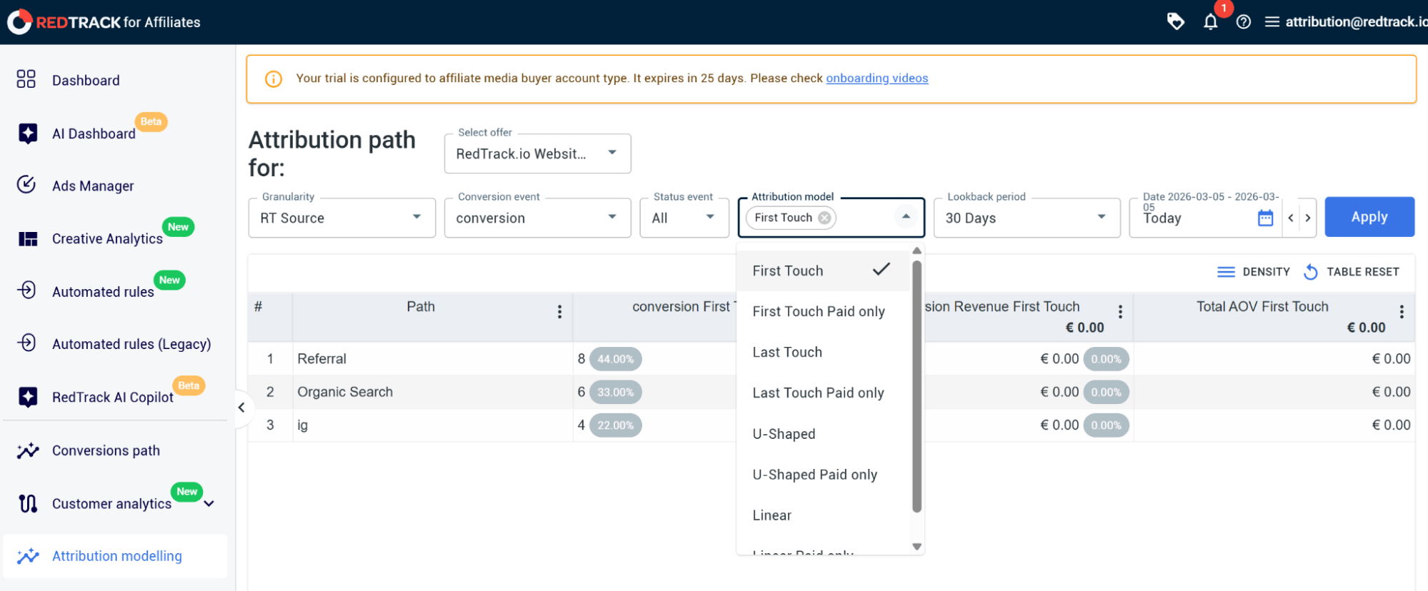 creating attribution report – attribution model setting