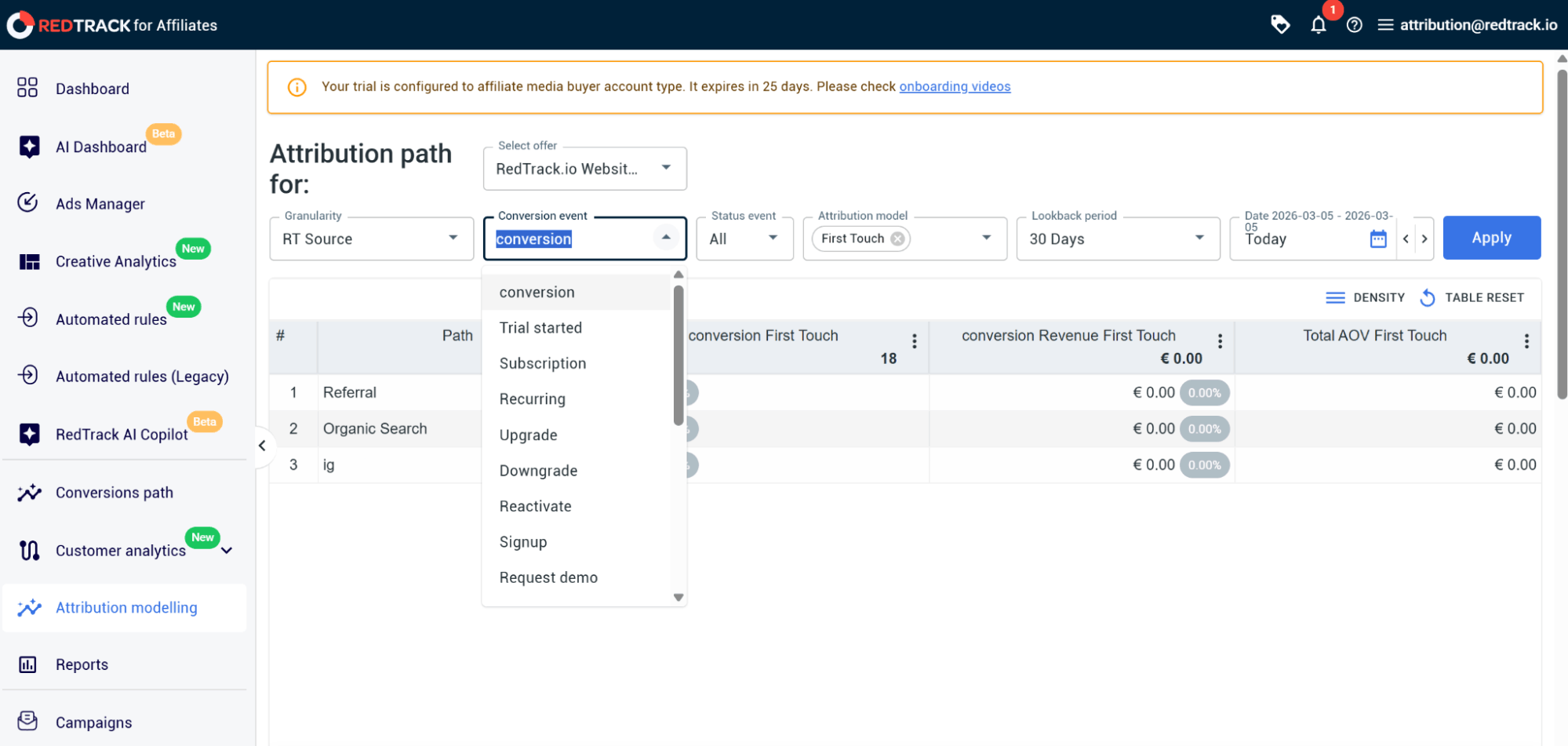 creating attribution report – conversion event