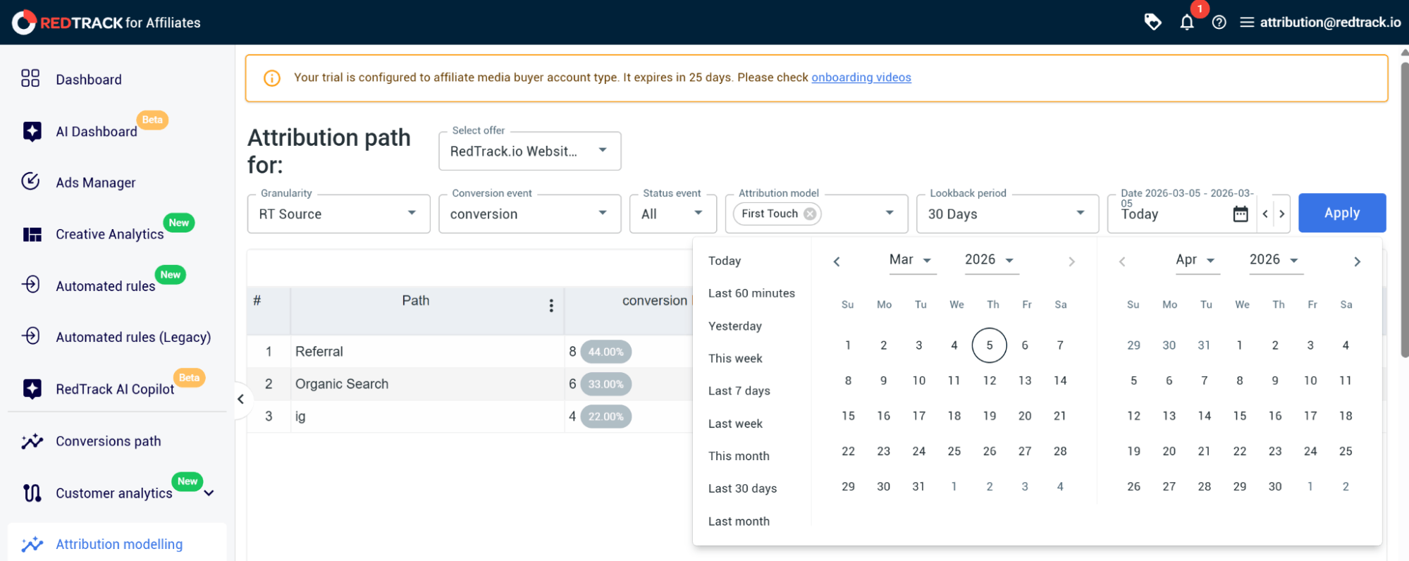 creating attribution report – date range setting