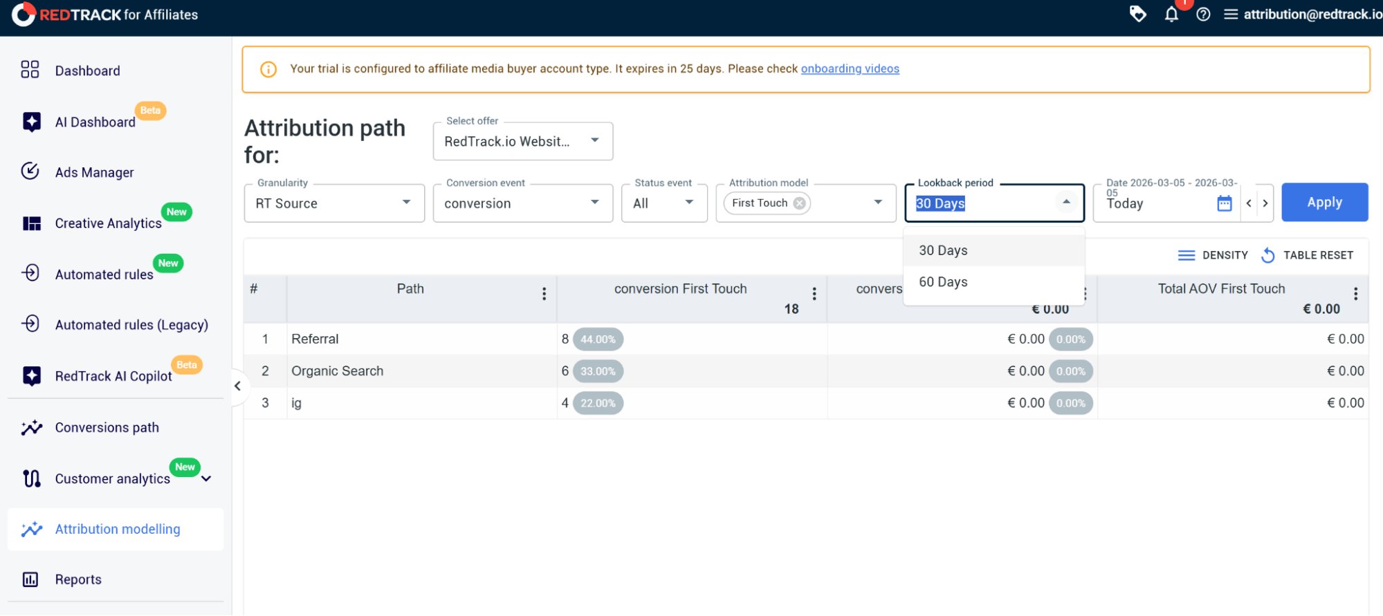 creating attribution report – lookback period setting