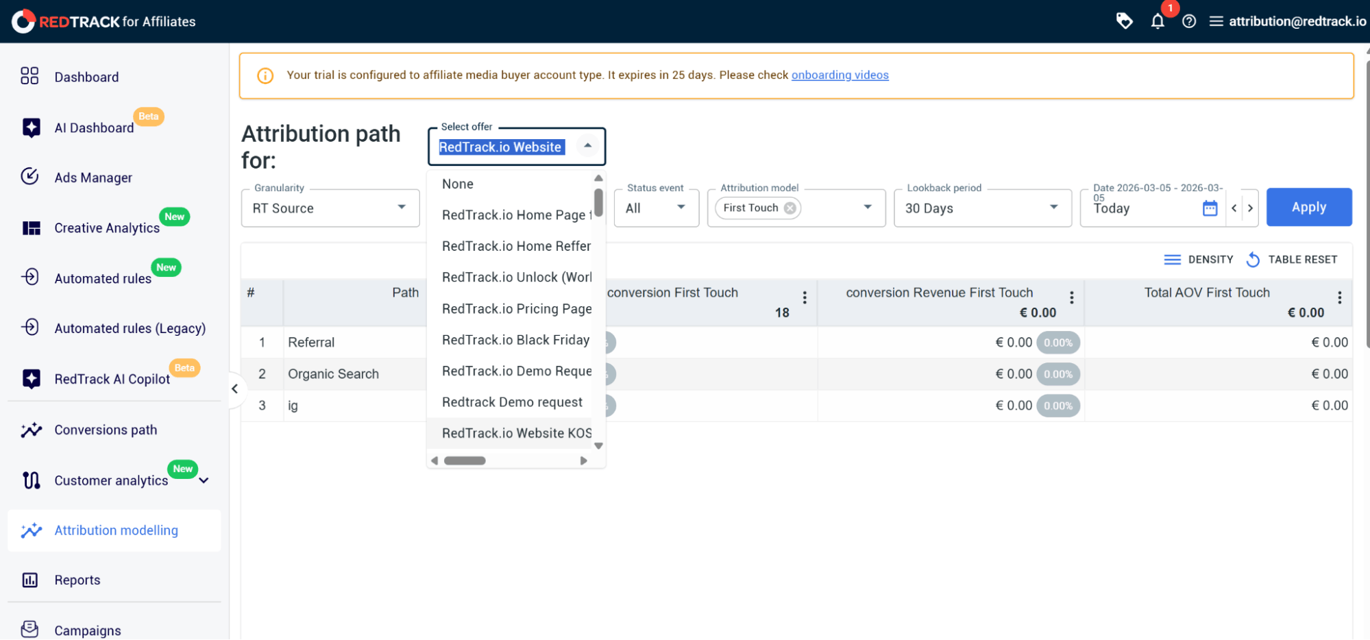 creating attribution report – selecting offer