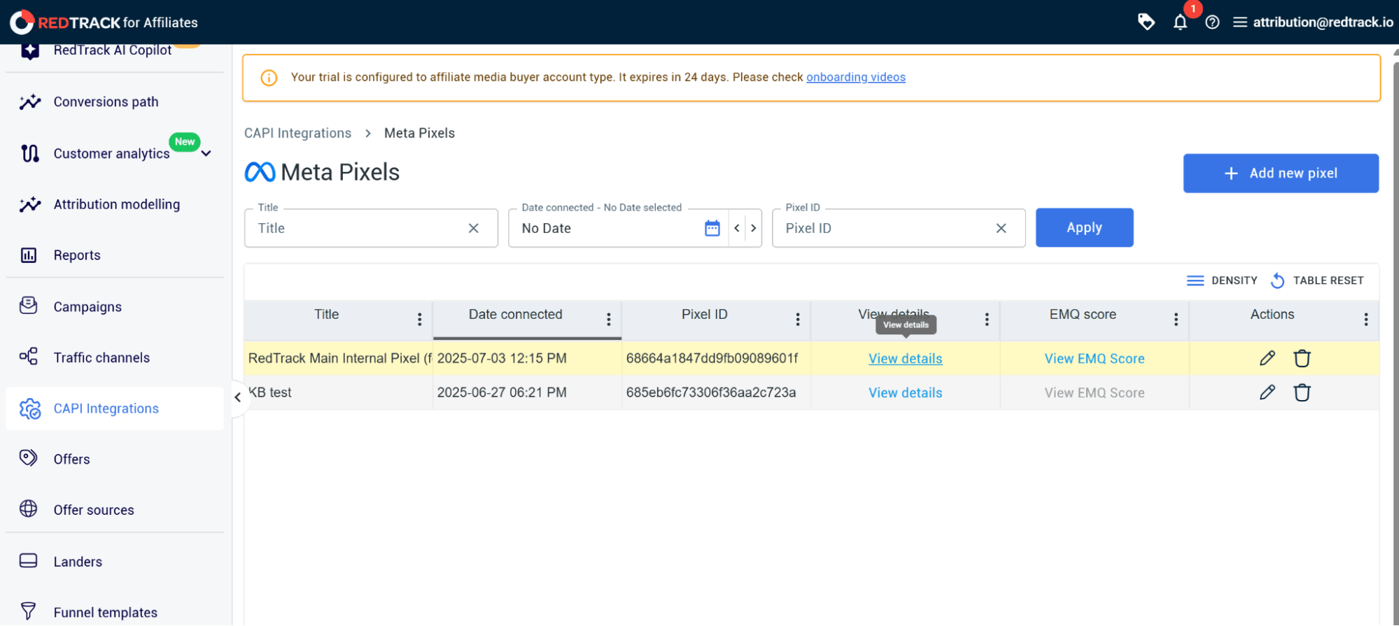 view added pixels in redtrack