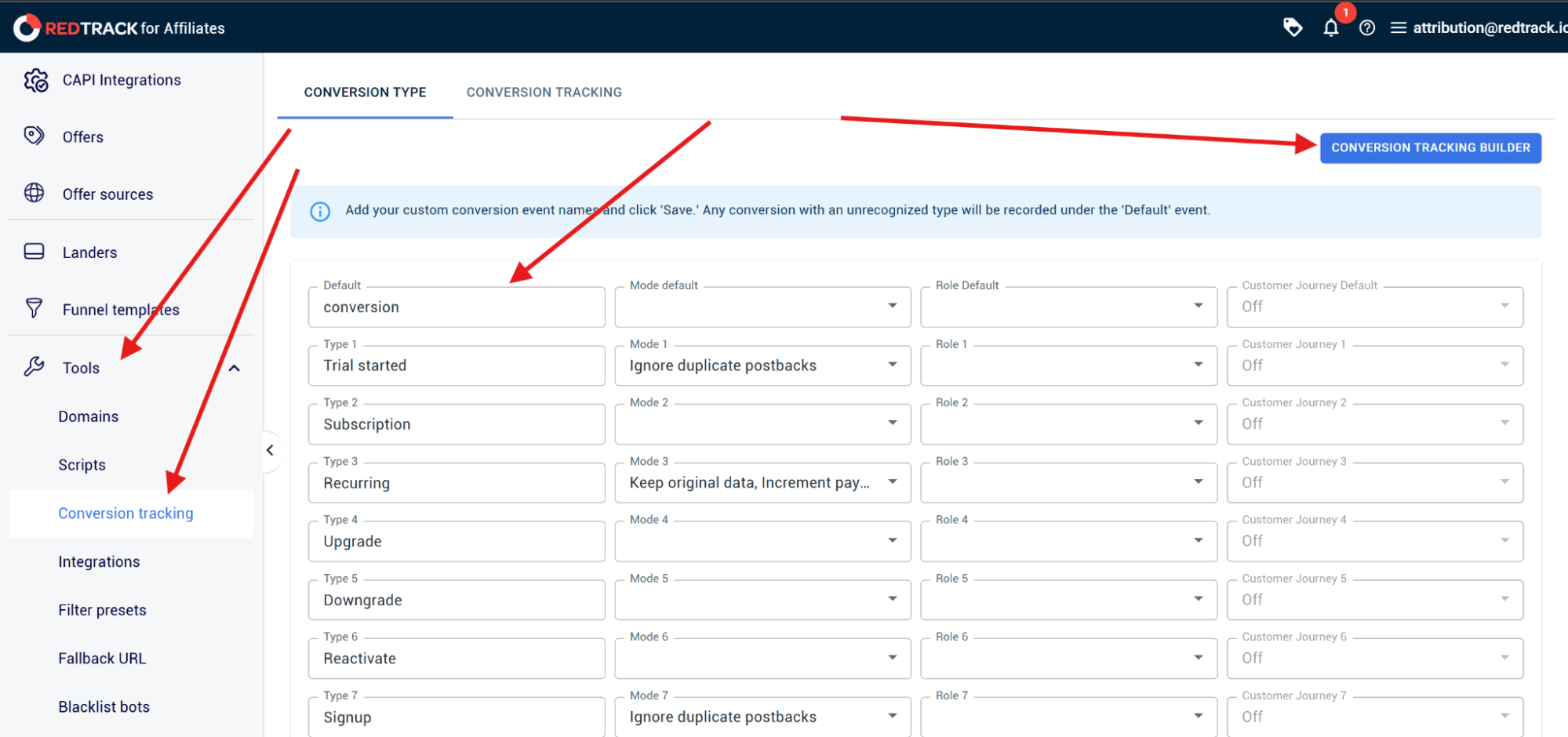 defining which events to track in conversion tracking tools in redtrack