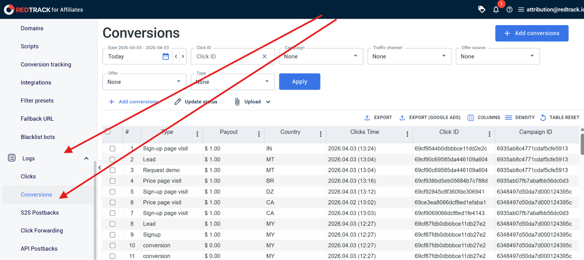 firing a test conversion in redtrack