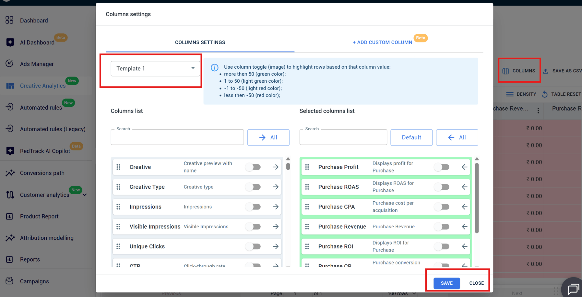 setting up creative analytics – customizing columns
