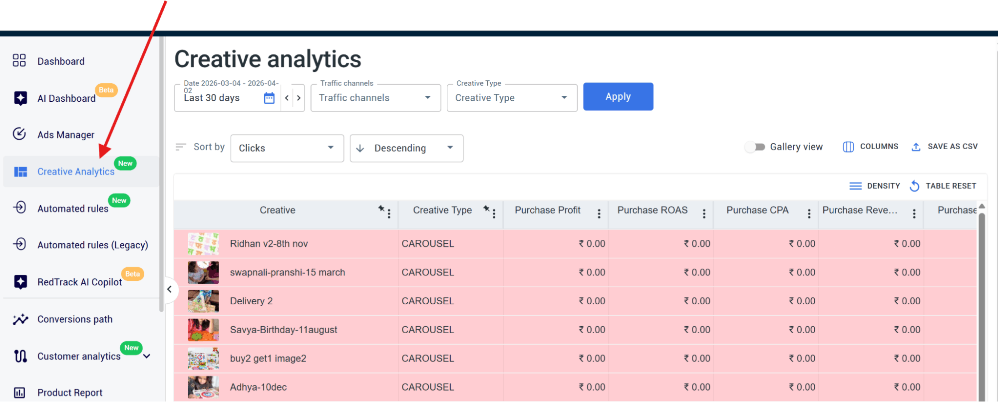 setting up creative analytics – selecting creative analytics