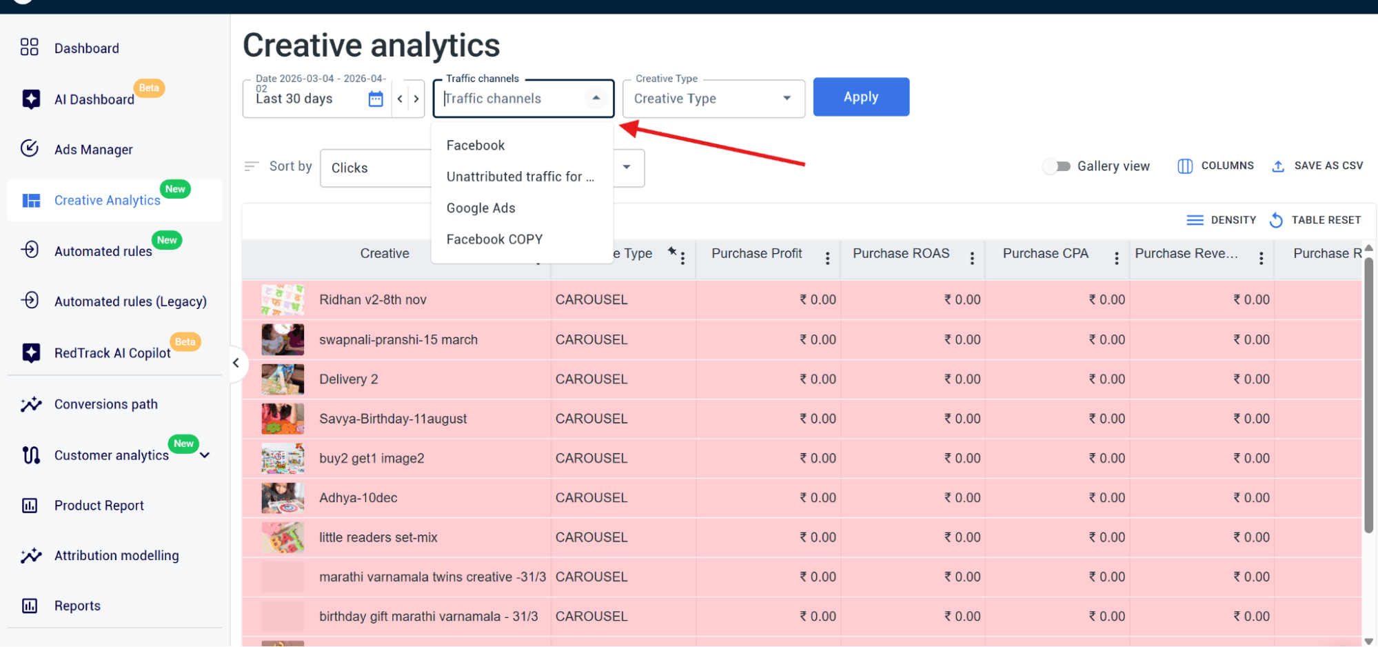 setting up creative analytics – setting traffic channels