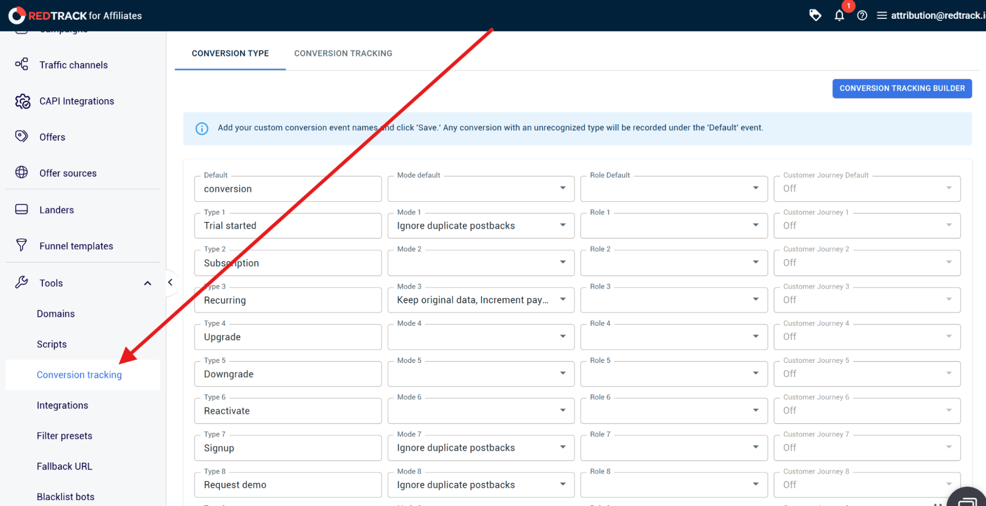 setting up reports cross channel view in redtrack – defining conversion event