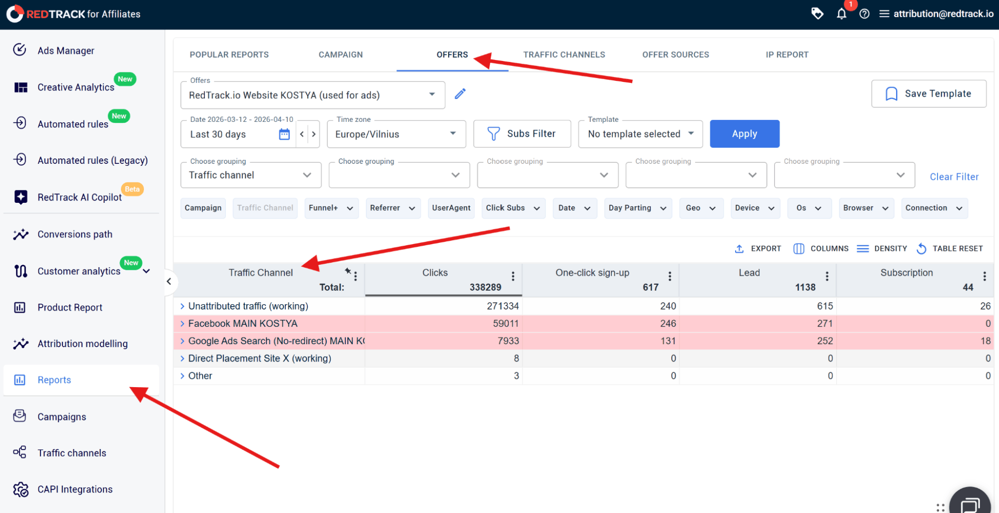 setting up reports cross channel view in redtrack – setting date range and grouping