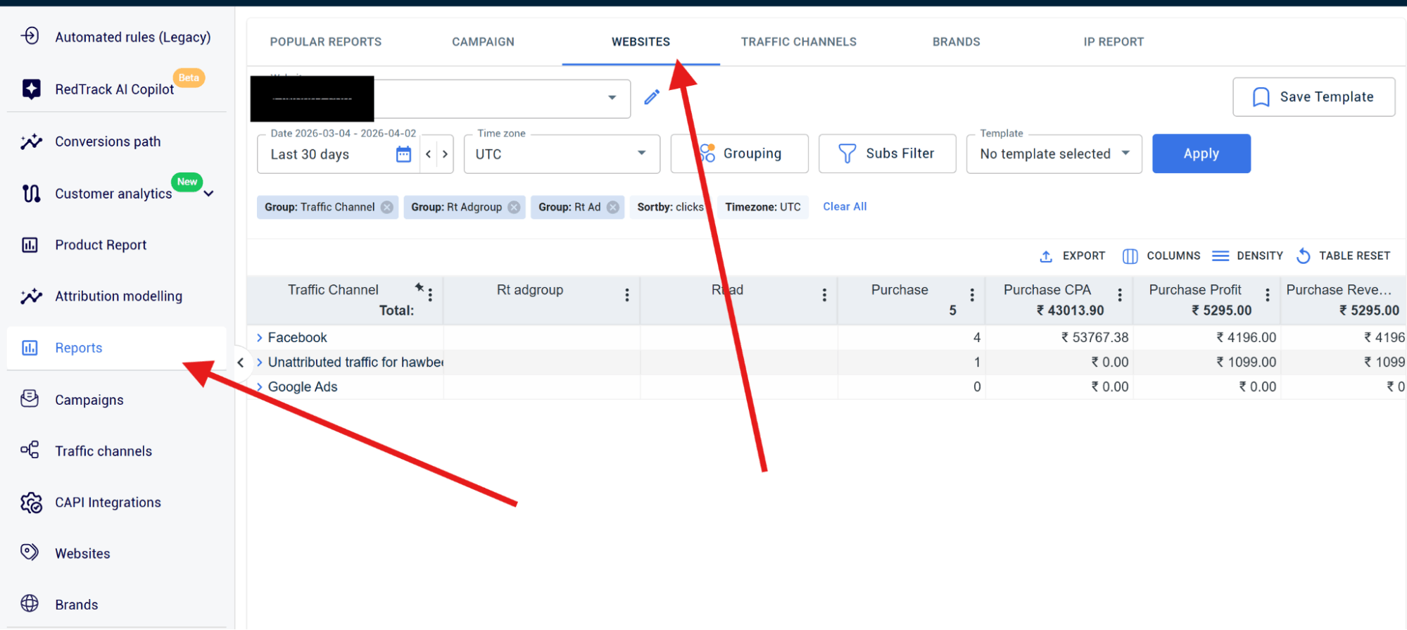 setting up the reports – selecting website