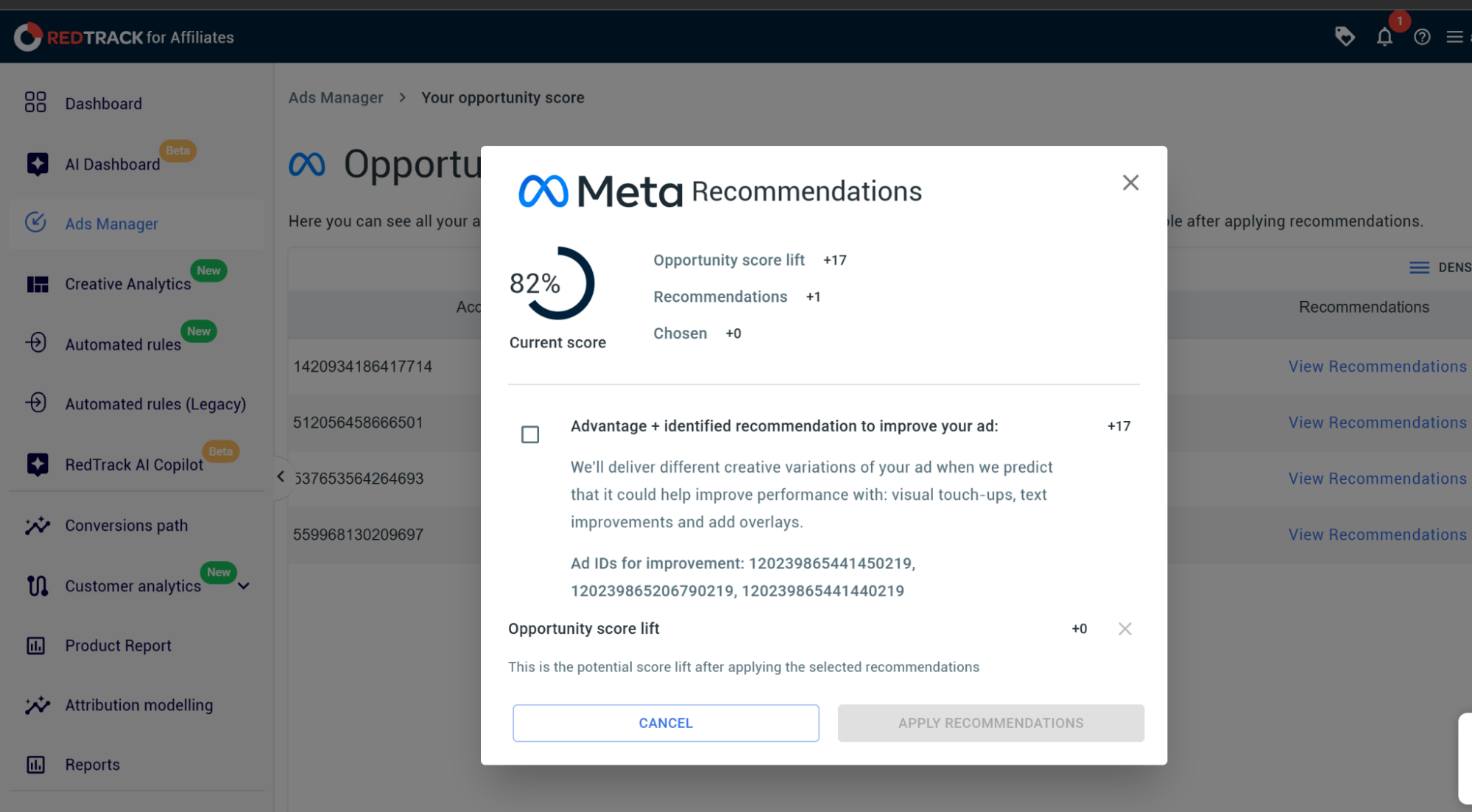 Review and apply recommendations from Meta without leaving RedTrack
