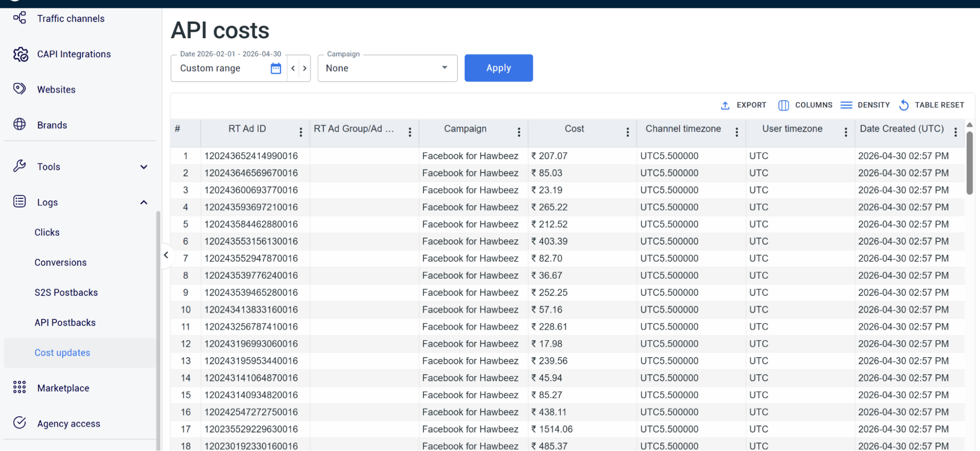 api costs in cost updates in redtrack