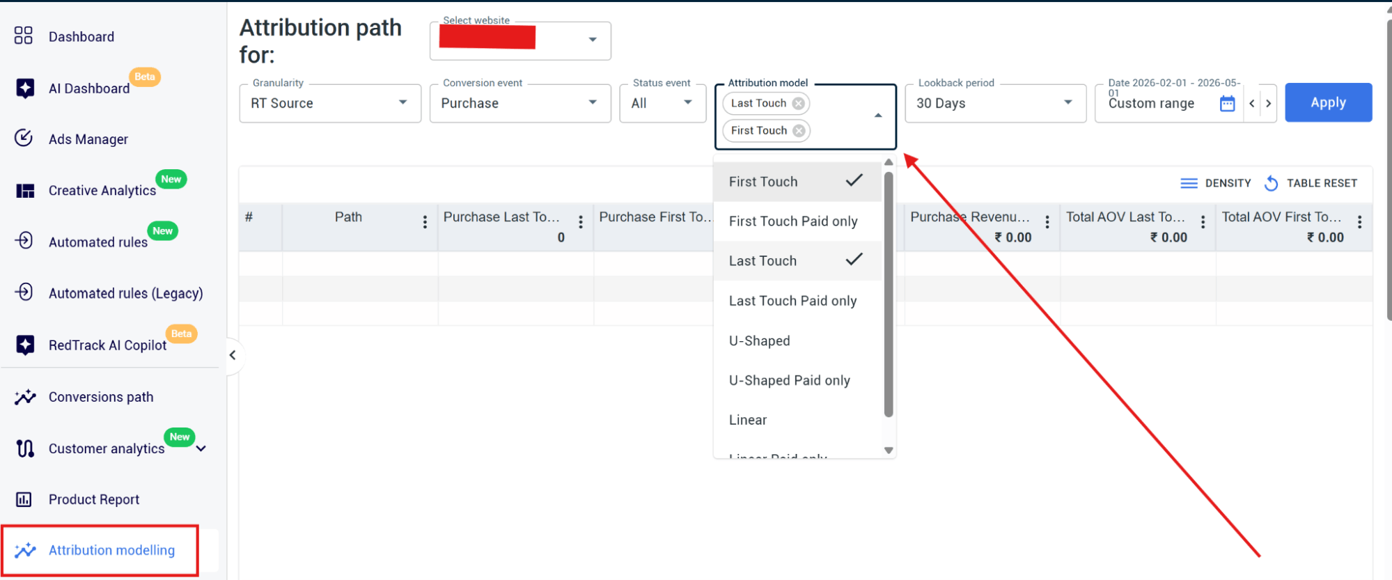 running attribution modelling report in redtrack - first touch and last touch