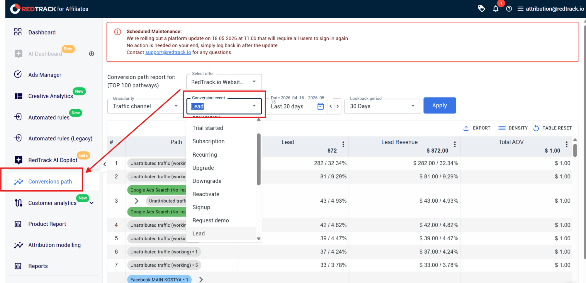 running conversion path report in redtrack