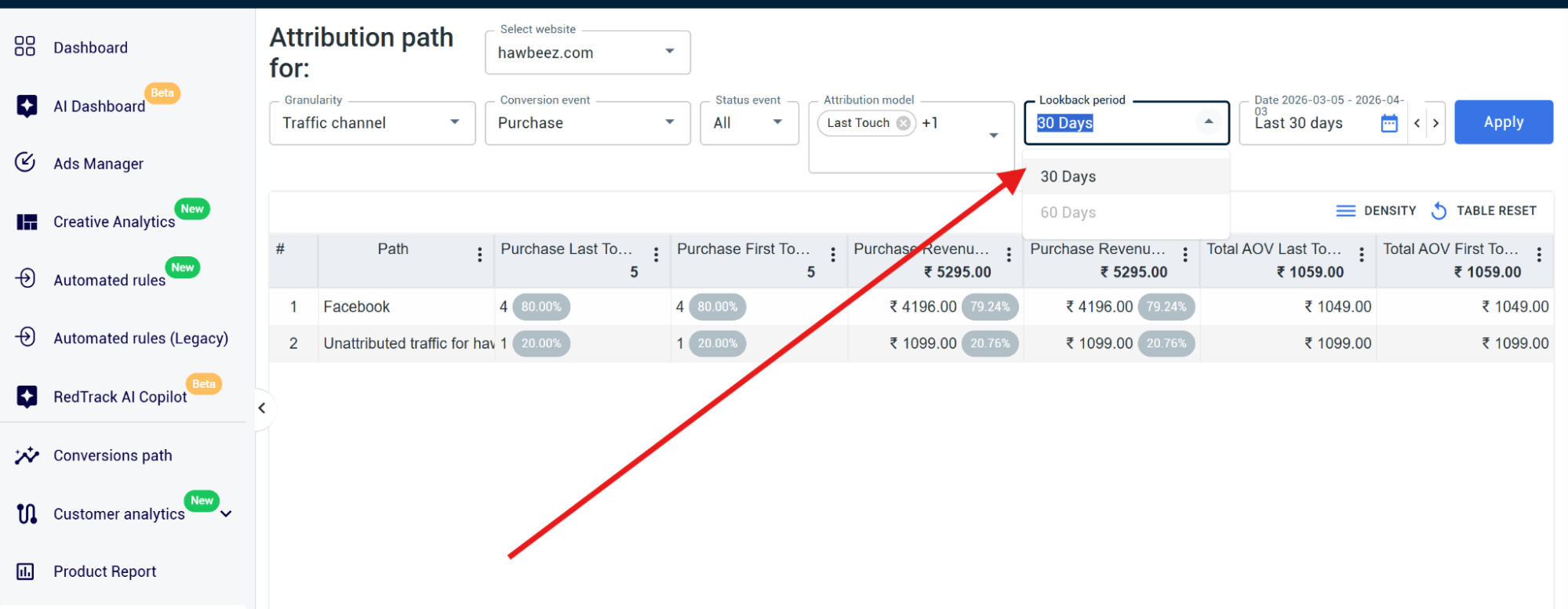 setting lookback period for attribution modelling report