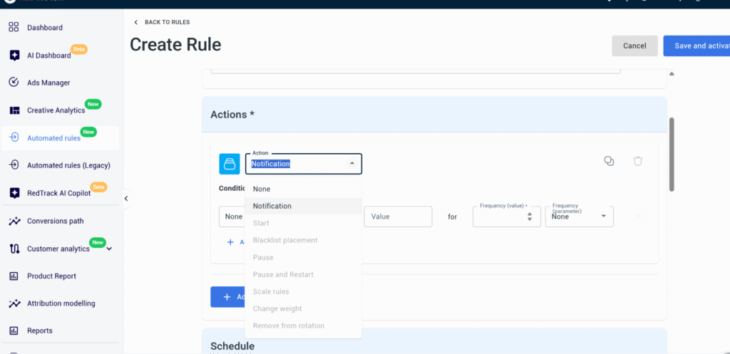 setting the action in ad automation of redtrack