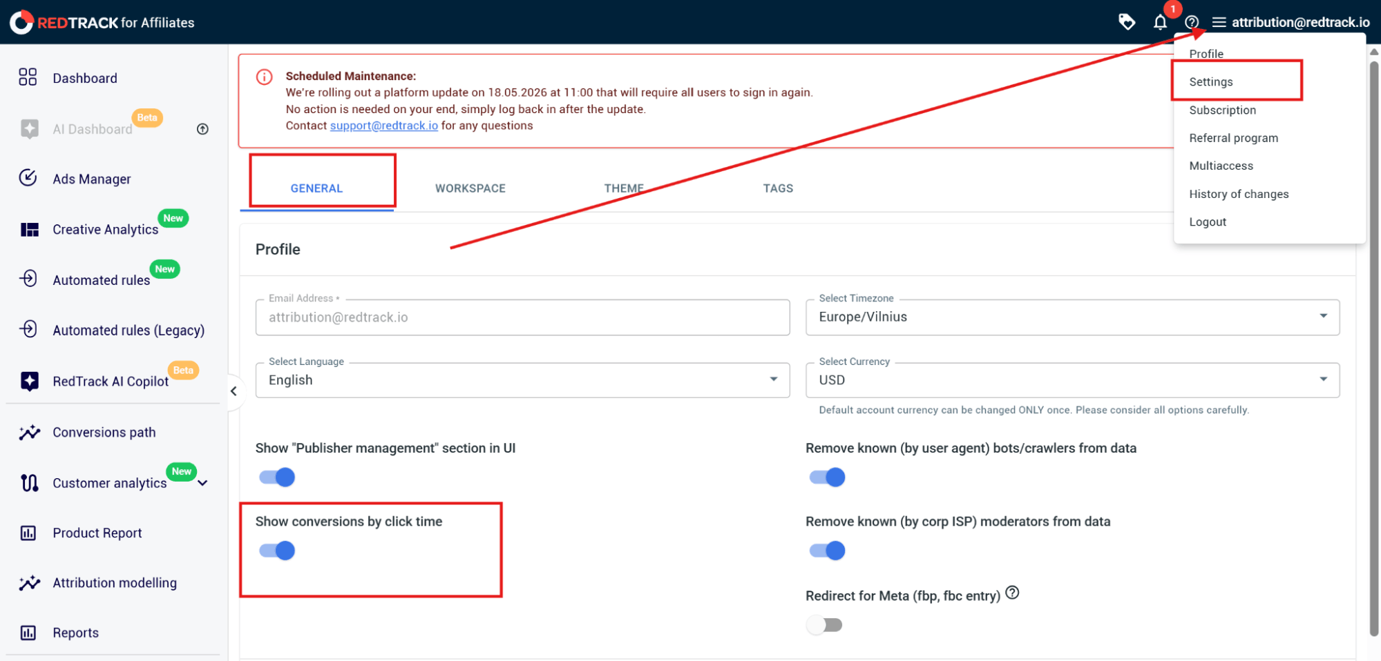 showing conversion by click time in redtrack
